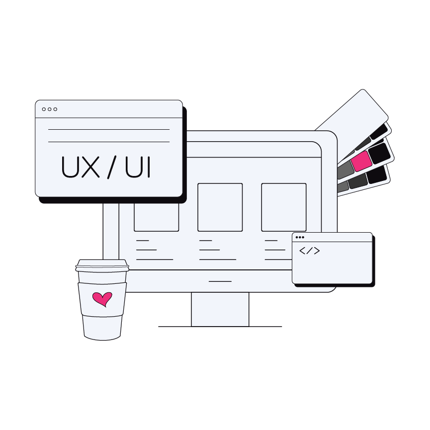 Illustration of a computer with a ux/ui screen, an html screen, color swatches, and a coffee cup with a pink heart